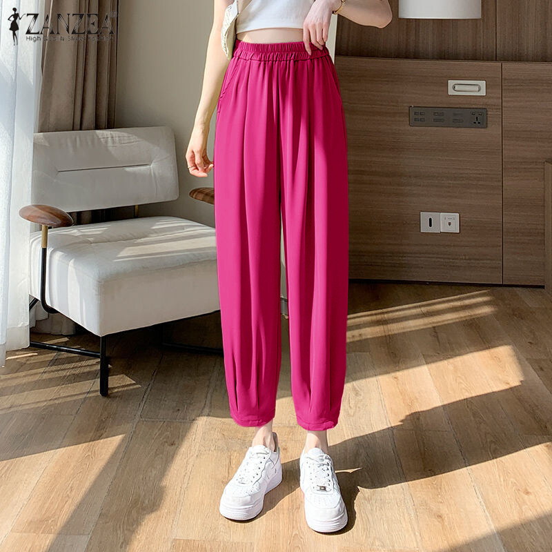 ZANZEA Women Casual Loose Elastic Waist Chino Pants Ladies Formal Harem Trousers #8